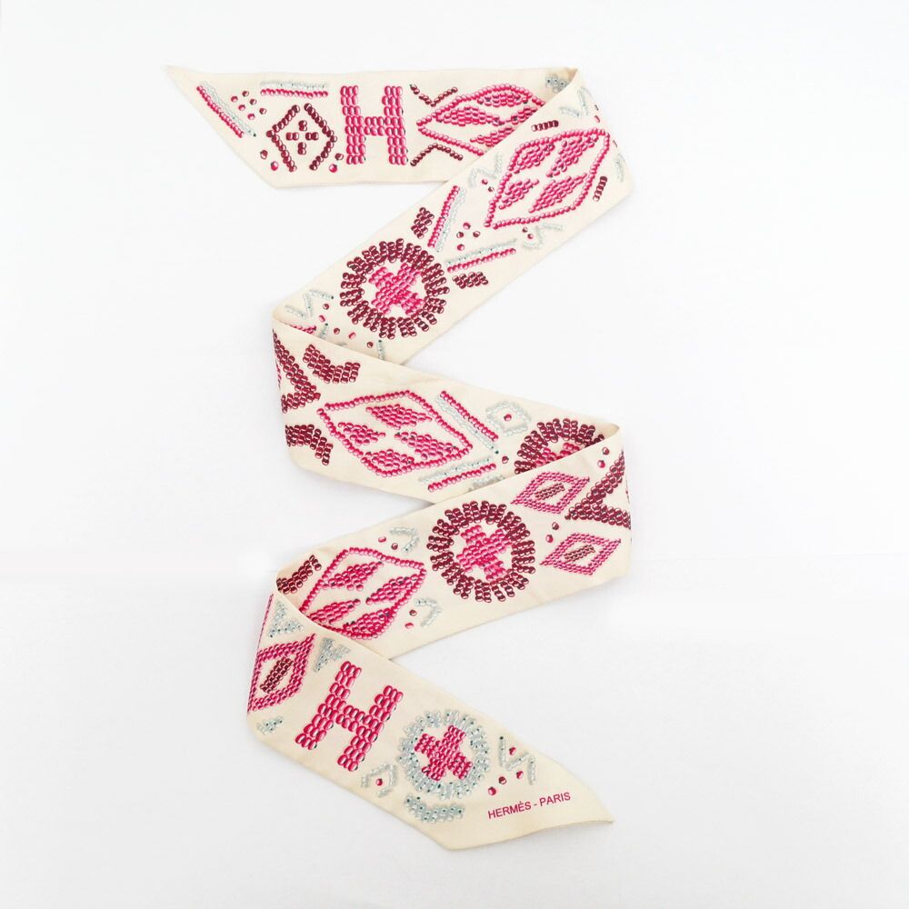 Hermes Twilly Kelly Ampe Lou Beige Multicolor Silk Scarf — view 7