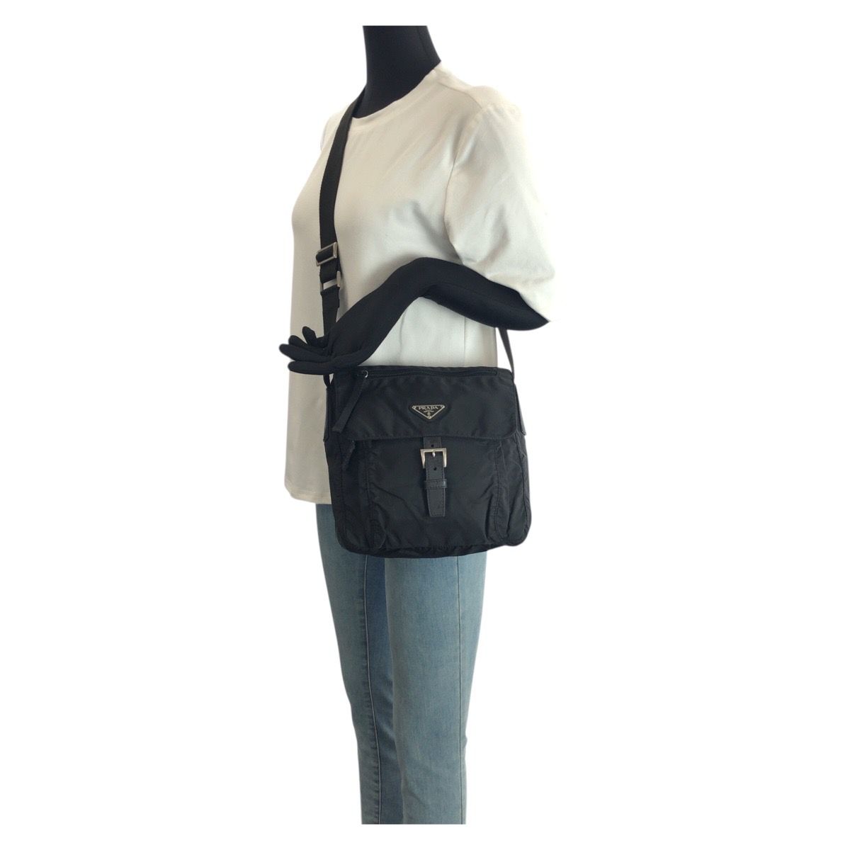 Prada Tessuto Black Silver Nylon Leather Shoulder Bag — view 7