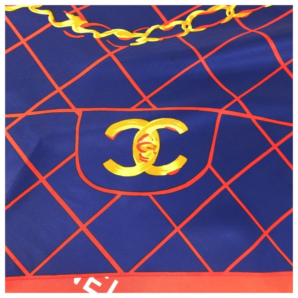 Chanel CC Logo Quilted Pattern Red Navy Black Silk Scarf — view 3