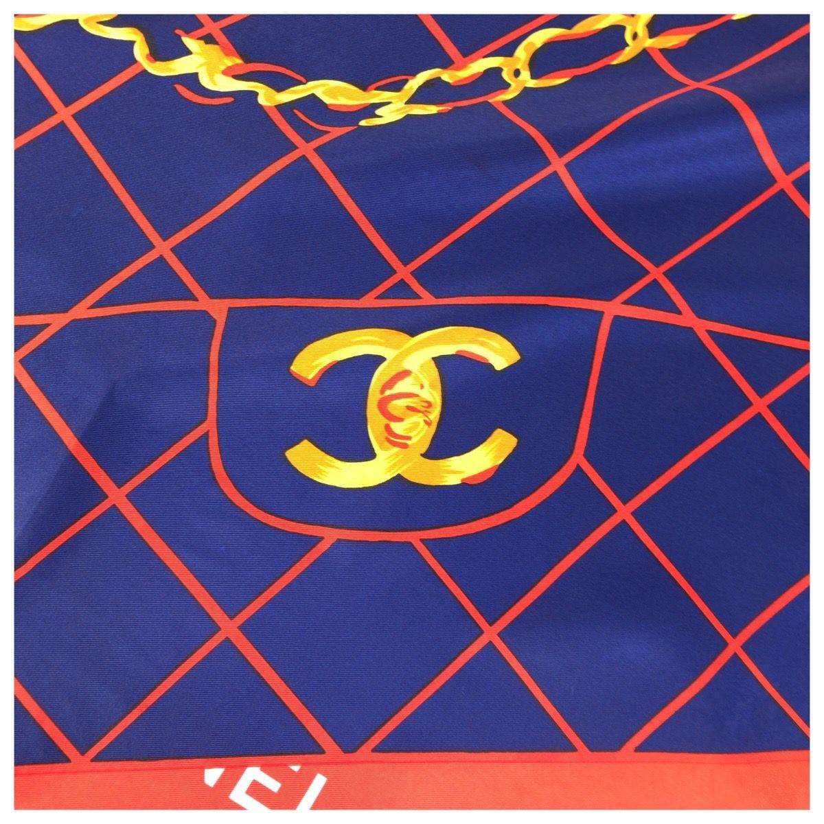 Chanel CC Logo Quilted Pattern Red Navy Black Silk Scarf — view 3
