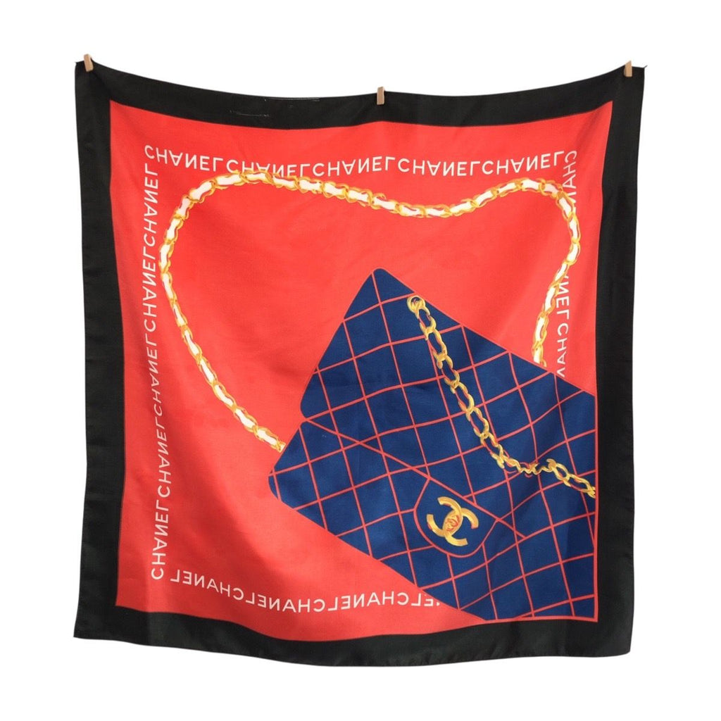 Chanel CC Logo Quilted Pattern Red Navy Black Silk Scarf — view 2