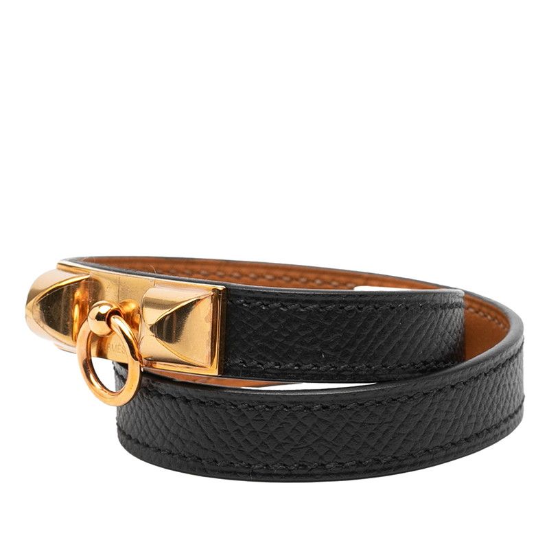 Hermes Rival Double Tour Bracelet 2 s Black Gold Veau Epsom Plated — view 2