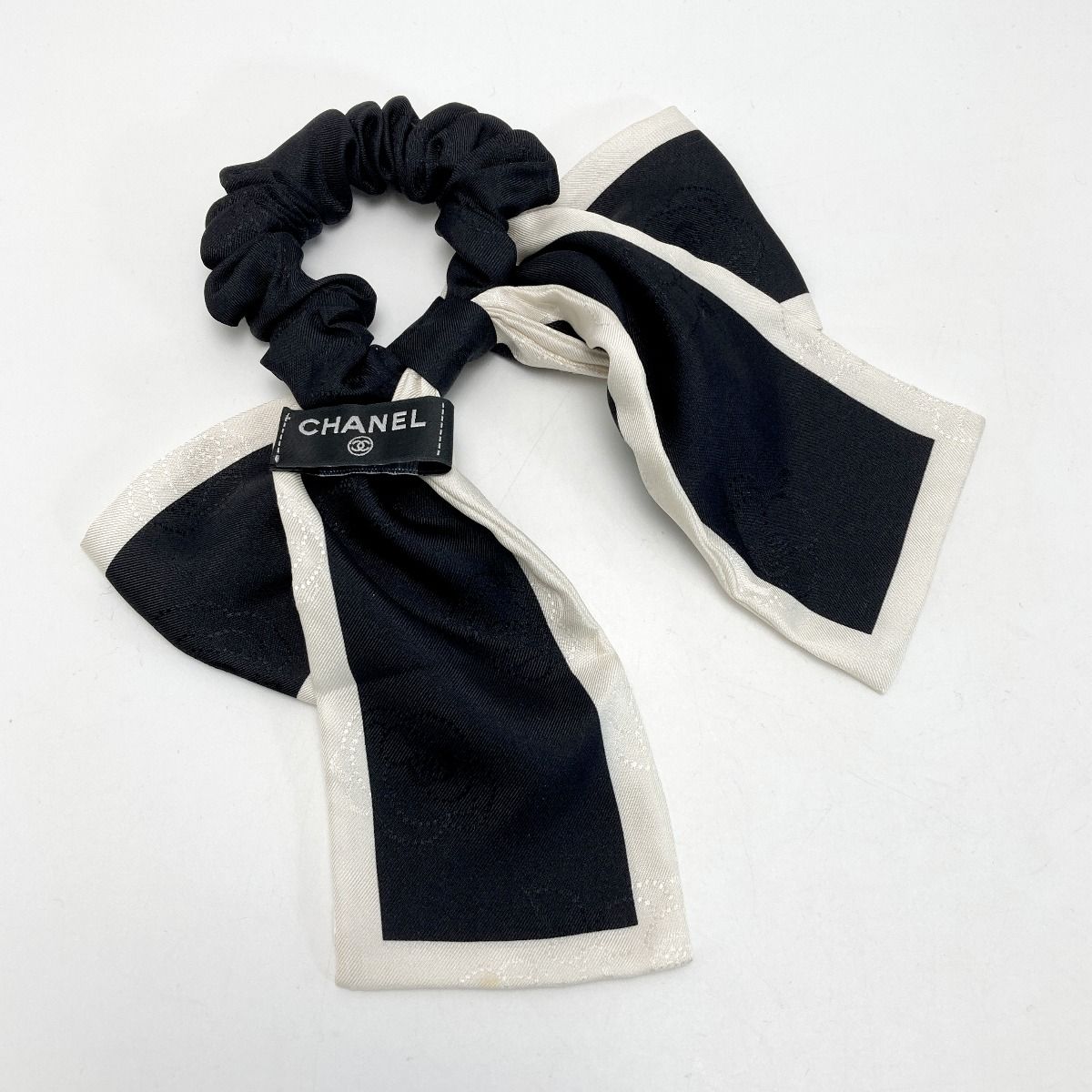 Chanel Ribbon Scrunchie Camellia Black White Silk Hair — view 2