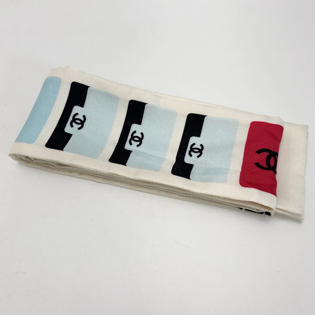 Chanel Headband Thin Scarf Twilly White Blue Silk — view 7