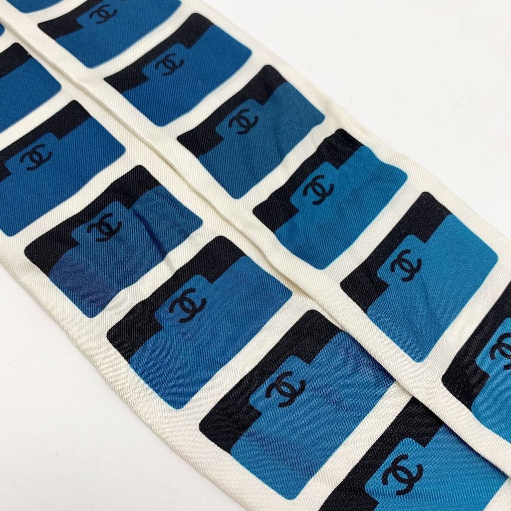 Chanel Headband Thin Scarf Twilly White Blue Silk — view 4