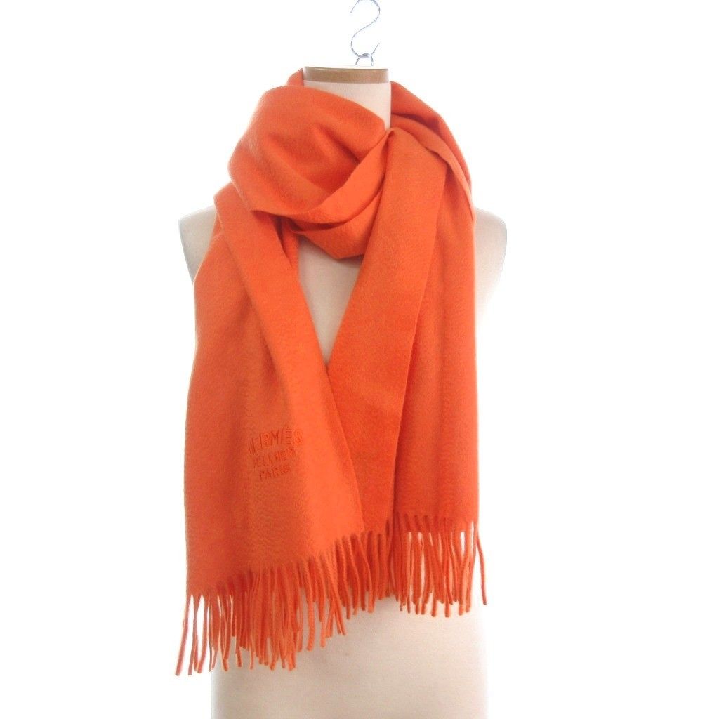 Hermes Sellier Paris Scarf Shawl Fringe Large Cashmere Orange — view 2