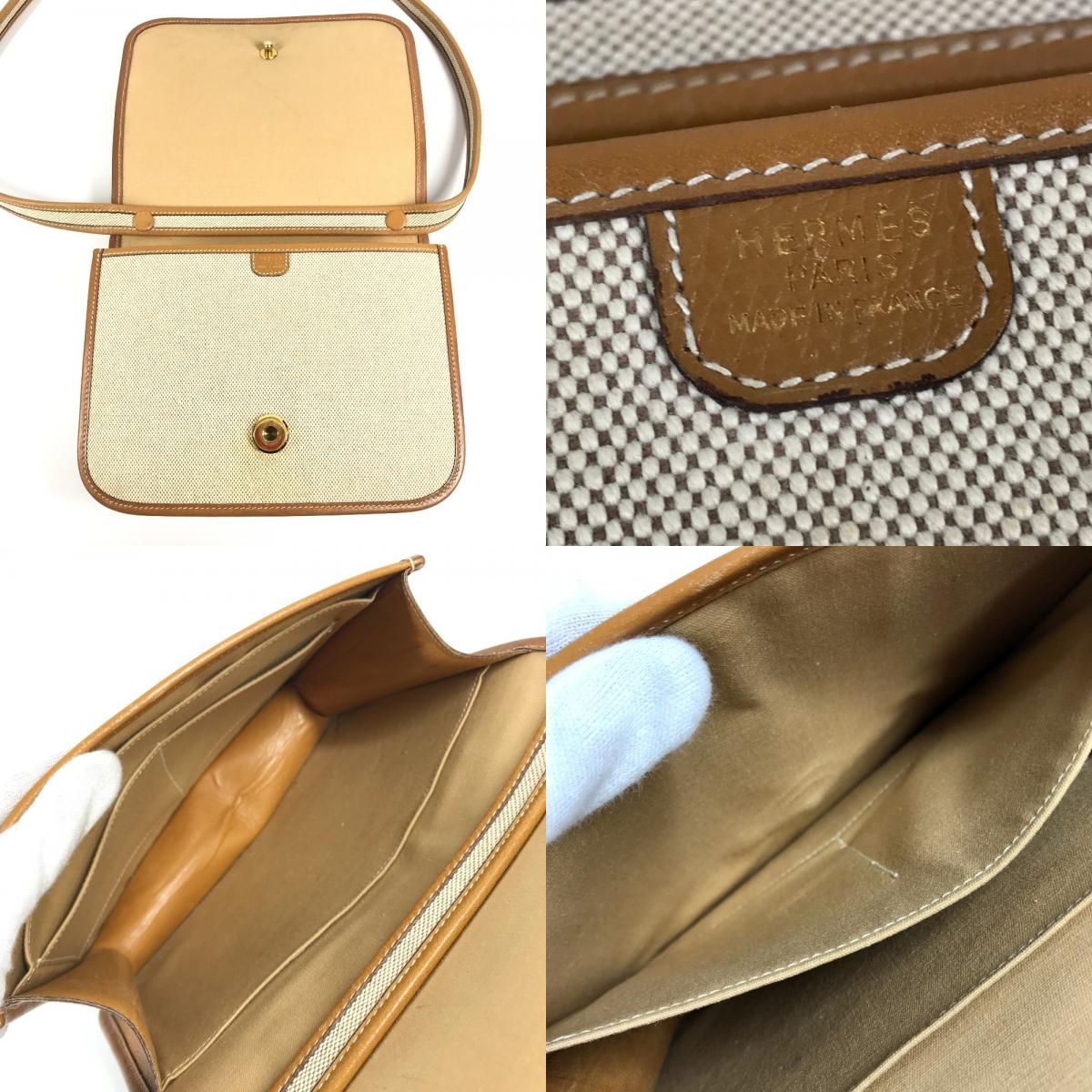 Hermes Shoulder Bag Tankard Leather Canvas Beige — view 8