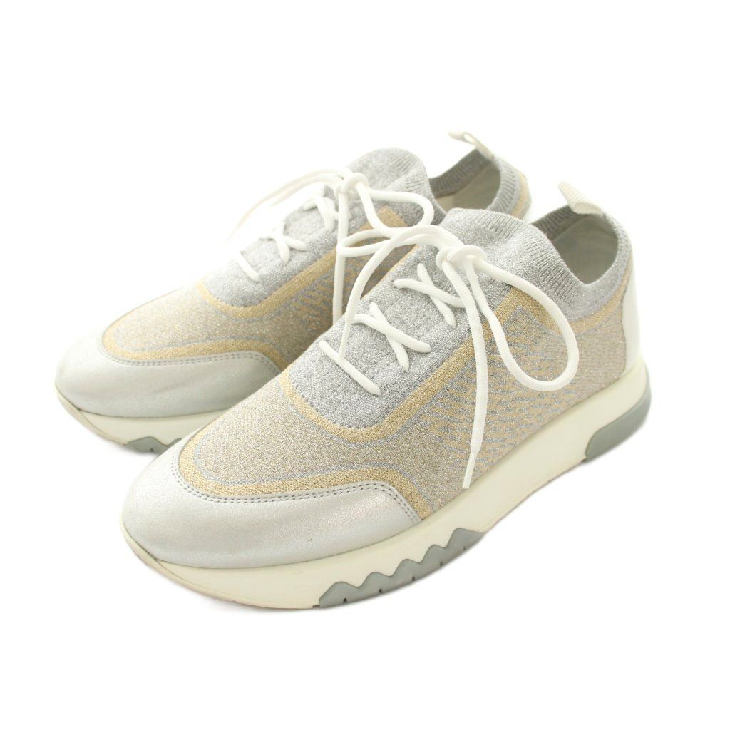 Hermes Addict Sneakers Shoes 37 Gray Silver Gold Lame Low Cut YM — view 2