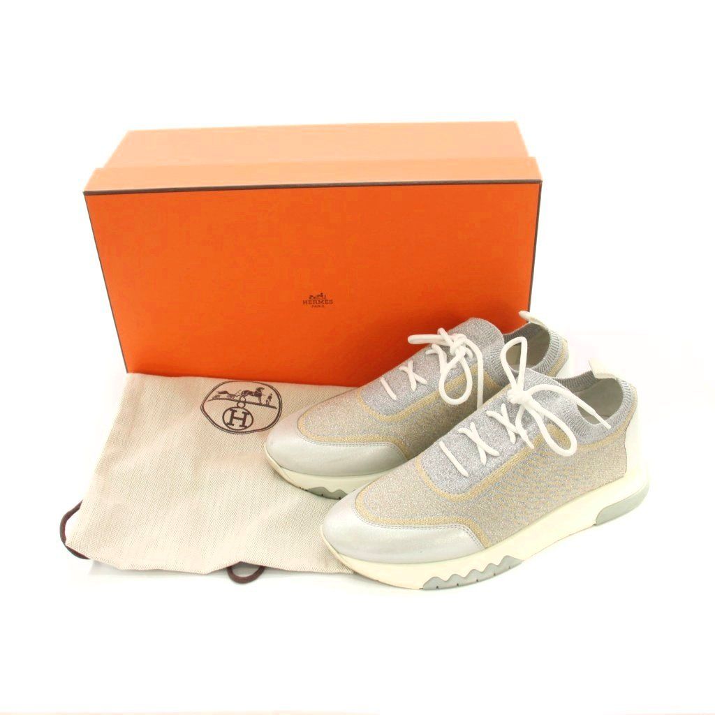 Hermes Addict Sneakers Shoes 37 Gray Silver Gold Lame Low Cut YM — view 8