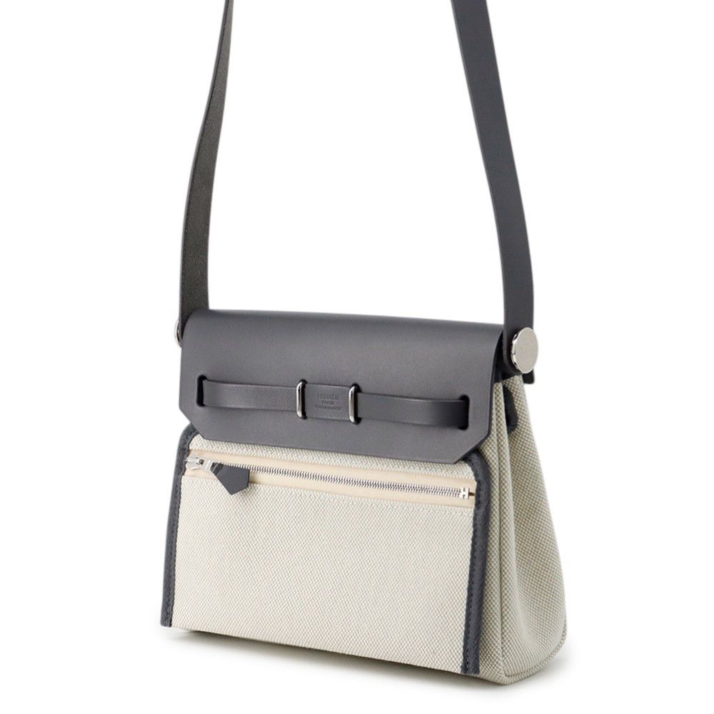 Hermes Shoulder Bag Herbag Zip Mini Ardoise Ecru Silver Toile — view 2