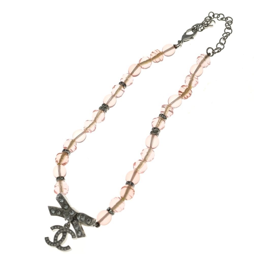 Chanel CC Logo Rhinestone Ribbon Necklace Pendant Pink — view 2
