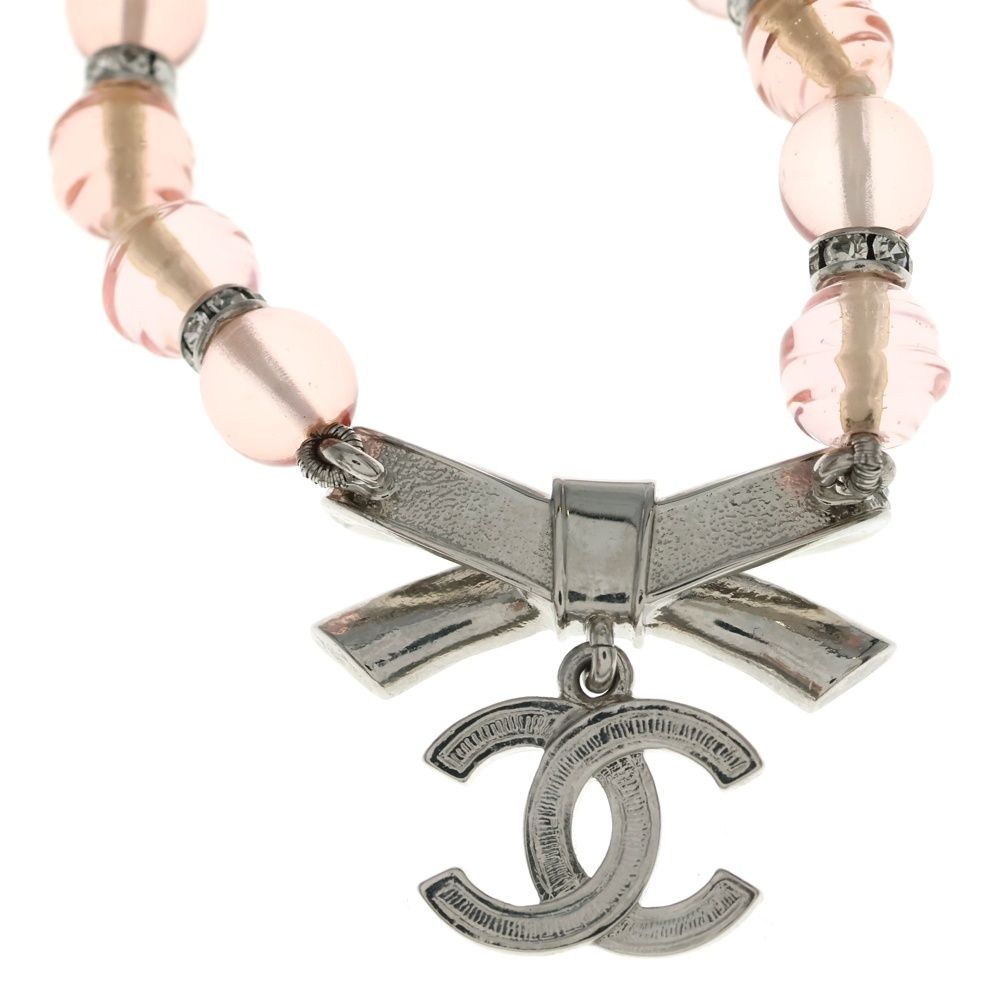 Chanel CC Logo Rhinestone Ribbon Necklace Pendant Pink — view 3