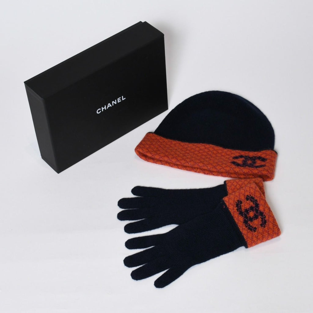 Chanel Cashmere Gloves Beanie Knit Cap Set CC Logo Navy Orange