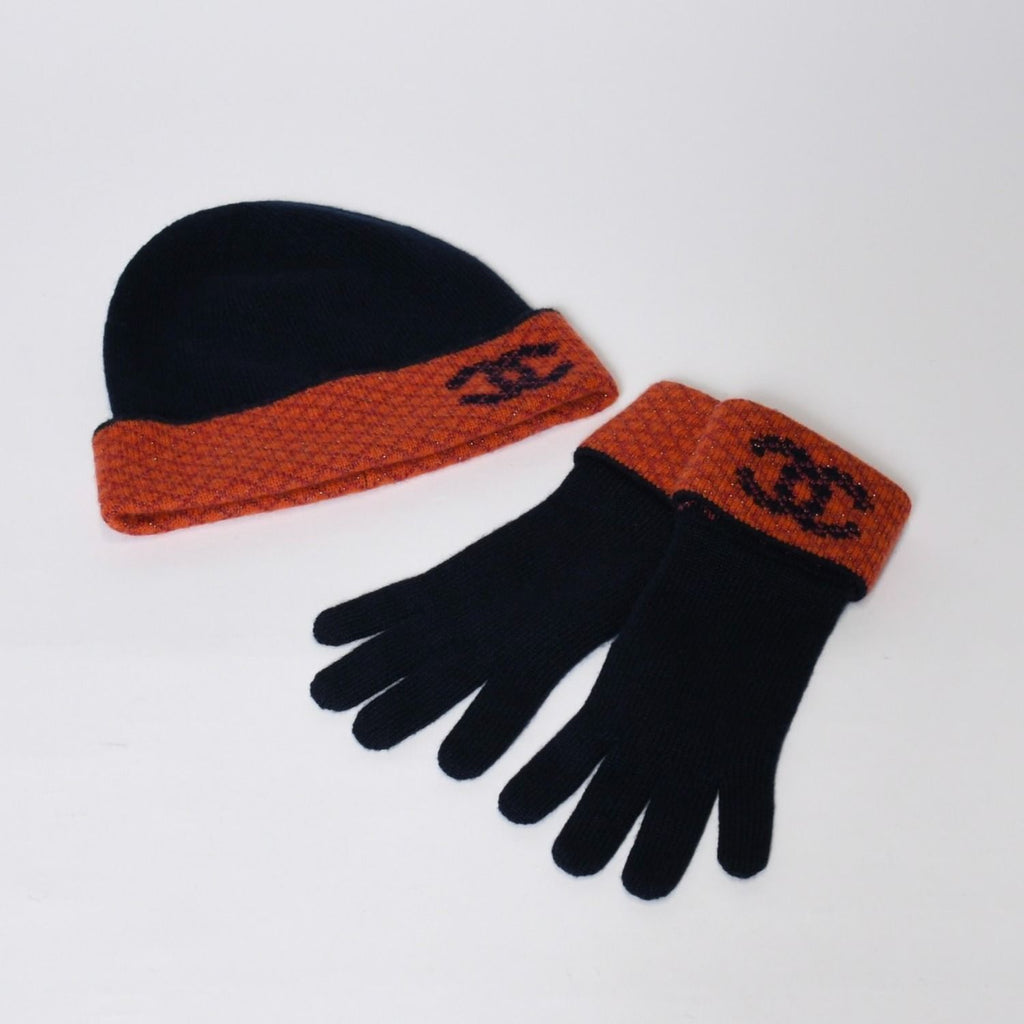 Chanel Cashmere Gloves Beanie Knit Cap Set CC Logo Navy Orange — view 2