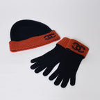 Chanel Cashmere Gloves Beanie Knit Cap Set CC Logo Navy Orange — view 2