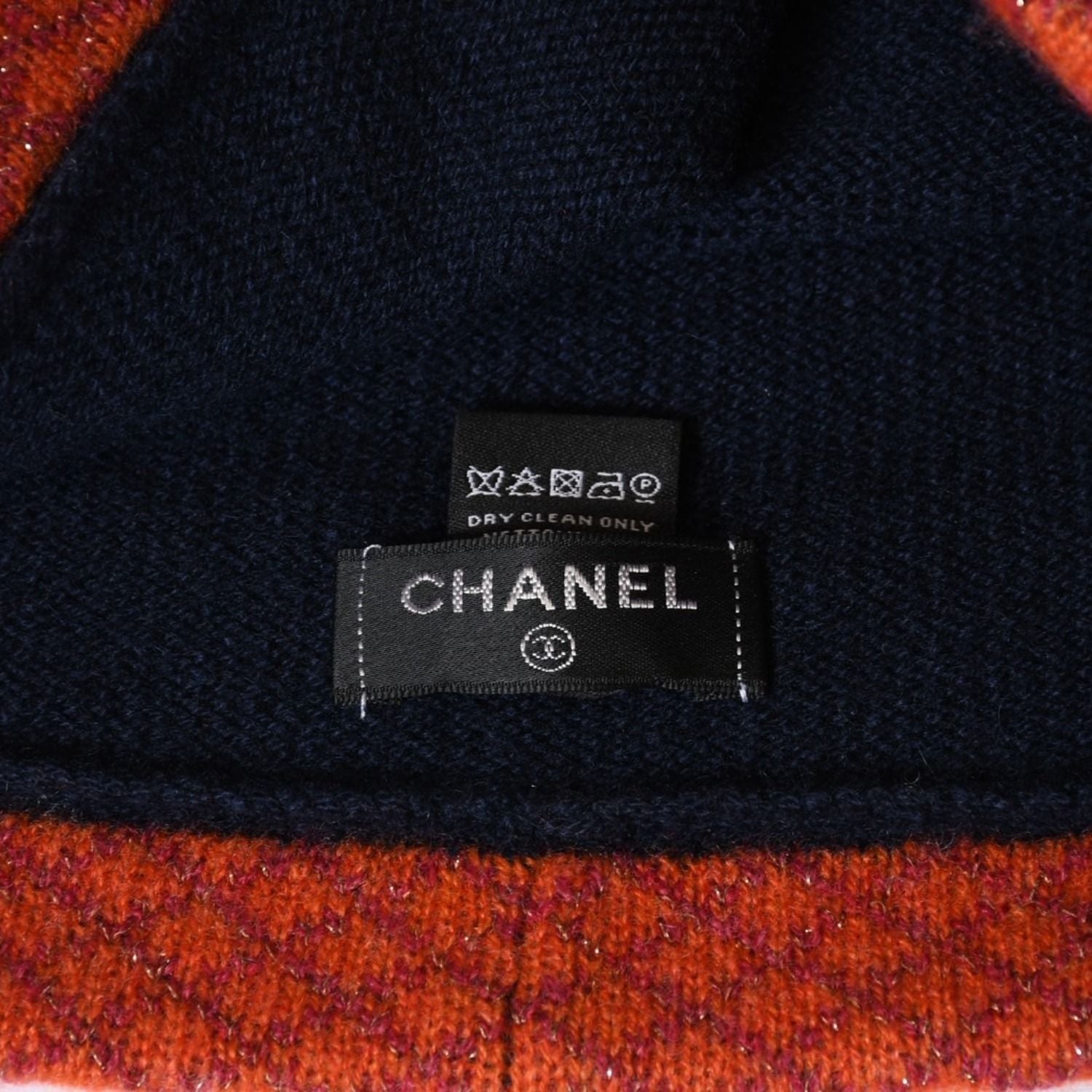 Chanel Cashmere Gloves Beanie Knit Cap Set CC Logo Navy Orange — view 7