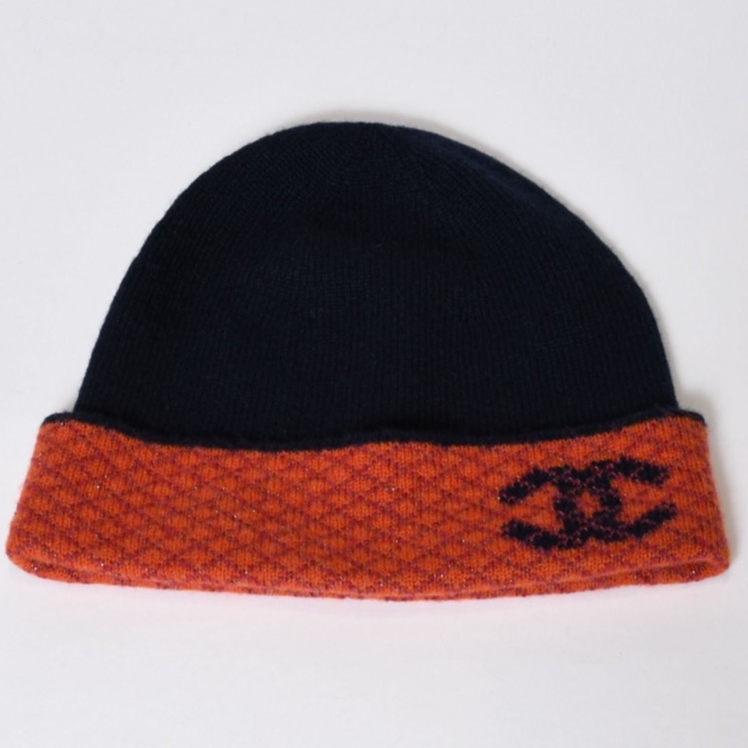 Chanel Cashmere Gloves Beanie Knit Cap Set CC Logo Navy Orange — view 3
