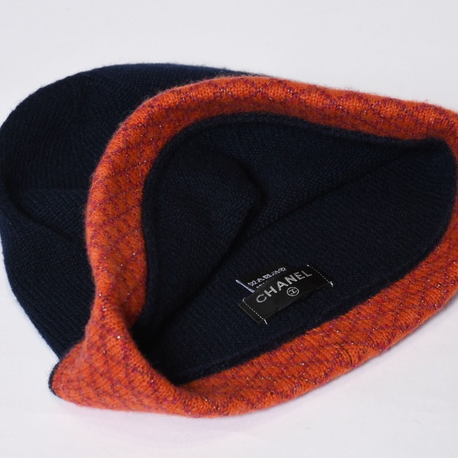 Chanel Cashmere Gloves Beanie Knit Cap Set CC Logo Navy Orange — view 6