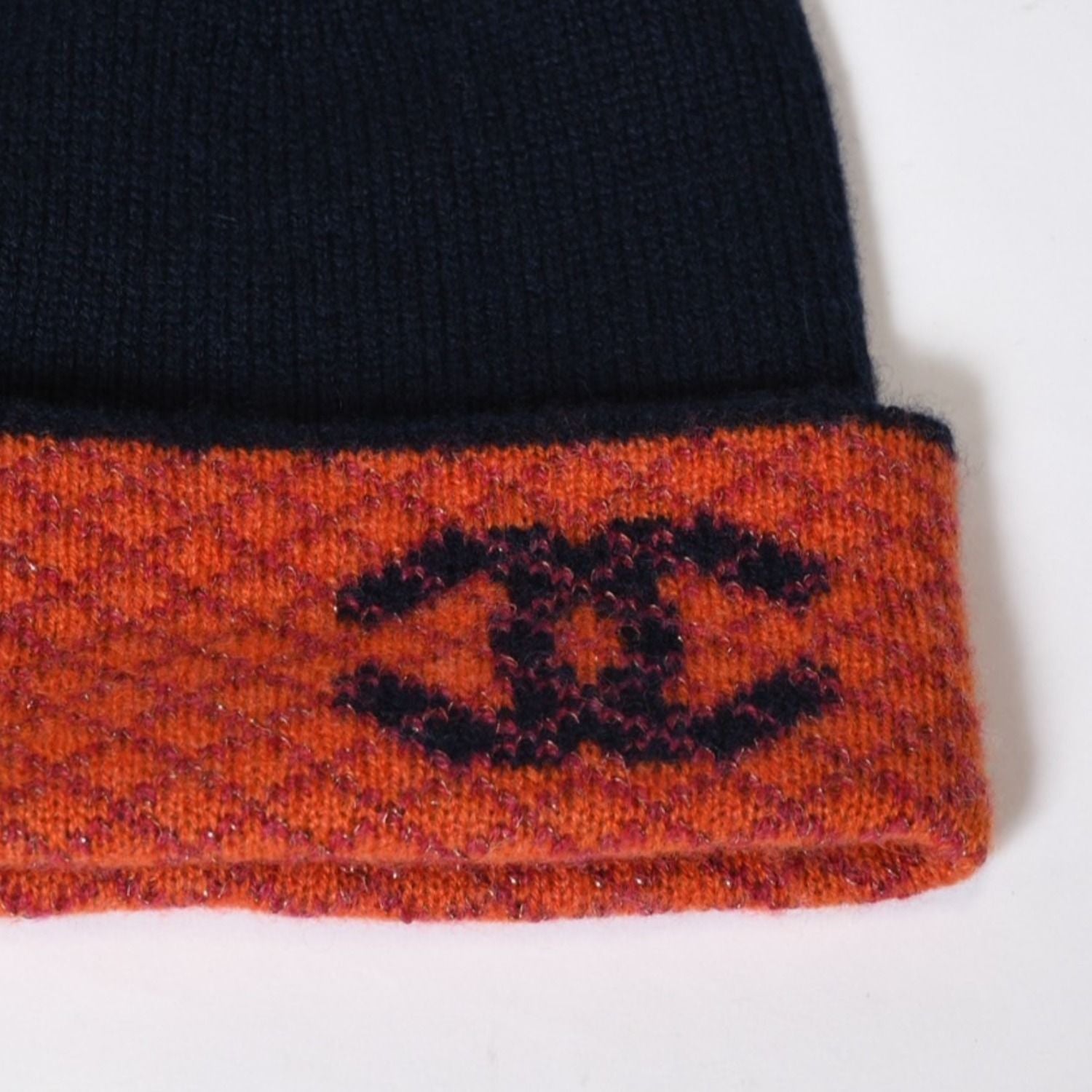 Chanel Cashmere Gloves Beanie Knit Cap Set CC Logo Navy Orange — view 5