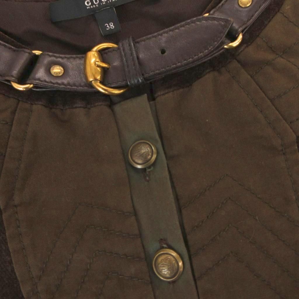 Gucci Velour Dress Neck Belt Gold Button Short Sleeve Knee Length 38 Brown — view 6