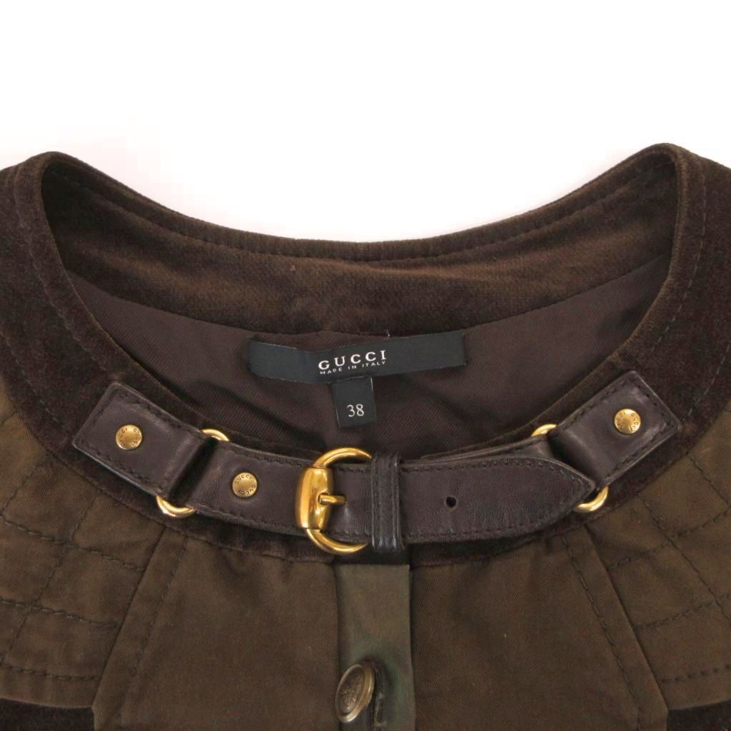 Gucci Velour Dress Neck Belt Gold Button Short Sleeve Knee Length 38 Brown — view 5