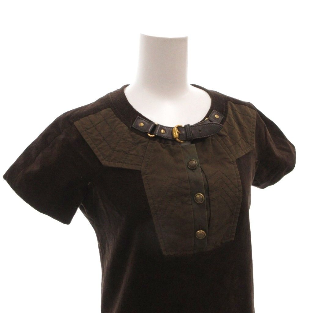 Gucci Velour Dress Neck Belt Gold Button Short Sleeve Knee Length 38 Brown — view 4