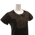 Gucci Velour Dress Neck Belt Gold Button Short Sleeve Knee Length 38 Brown — view 4