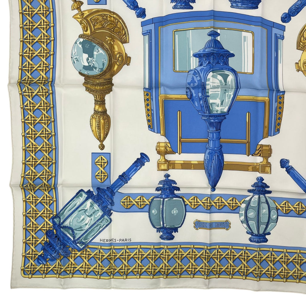 Hermes Scarf Silk Carre 90 Feux de Route Car Lantern White — view 4