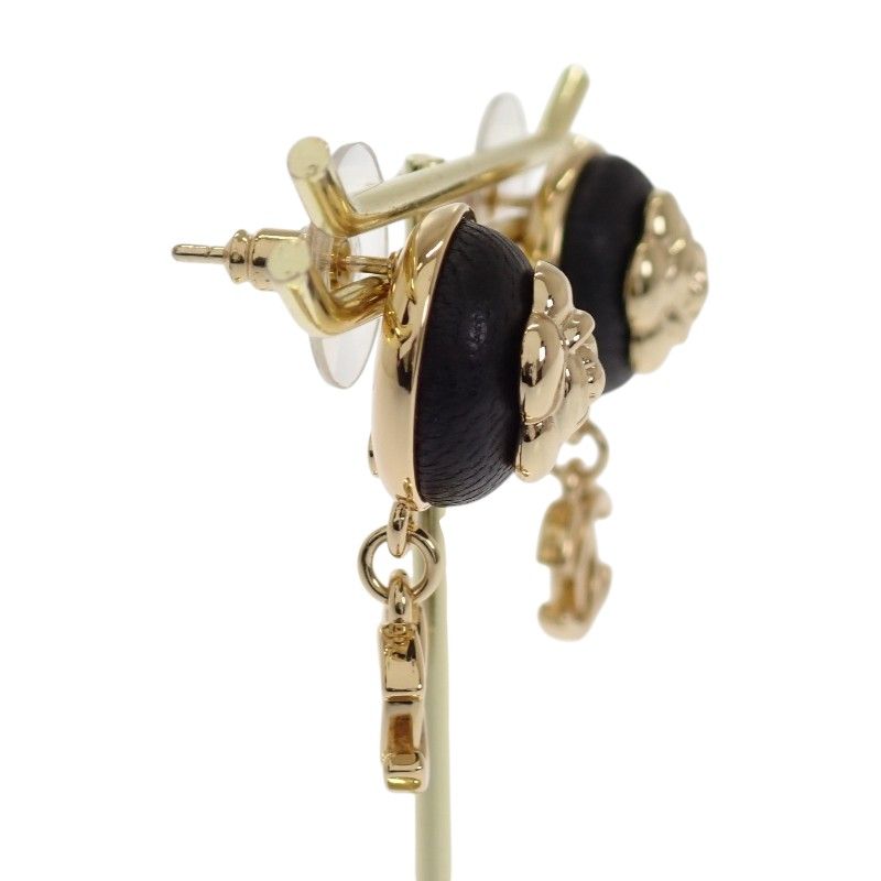 Chanel CC Camellia Logo Earrings Metal Leather Gold Black — view 2