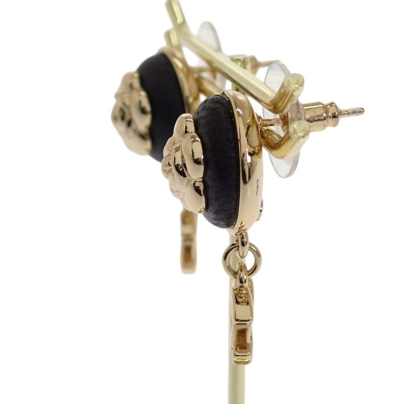 Chanel CC Camellia Logo Earrings Metal Leather Gold Black — view 3