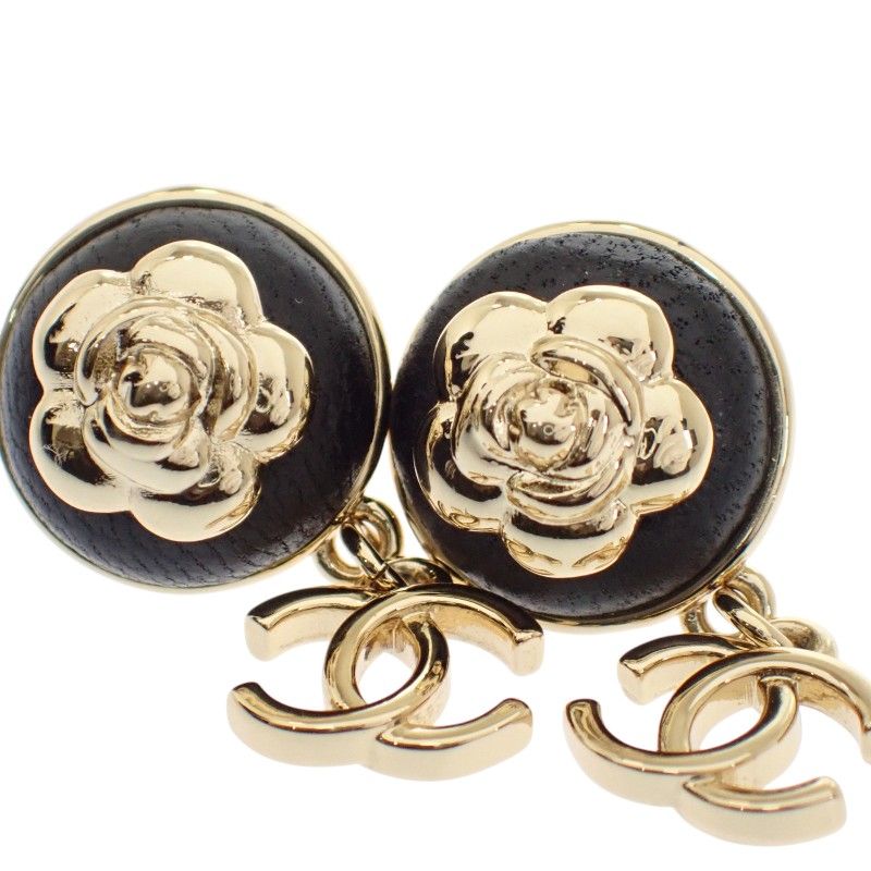 Chanel CC Camellia Logo Earrings Metal Leather Gold Black — view 5