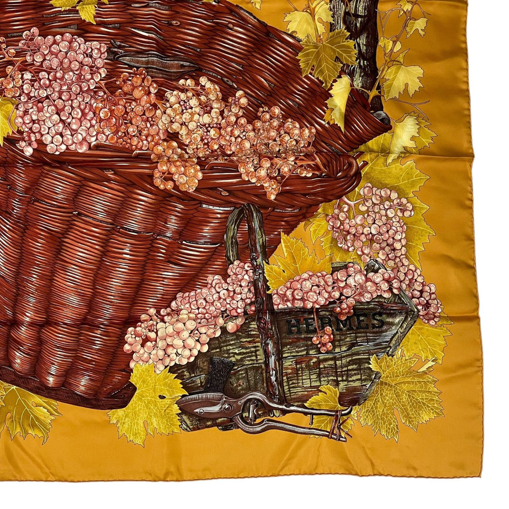 Hermes Scarf Silk Carre 90 Vendanges Grape Harvest Pattern Yellow — view 5