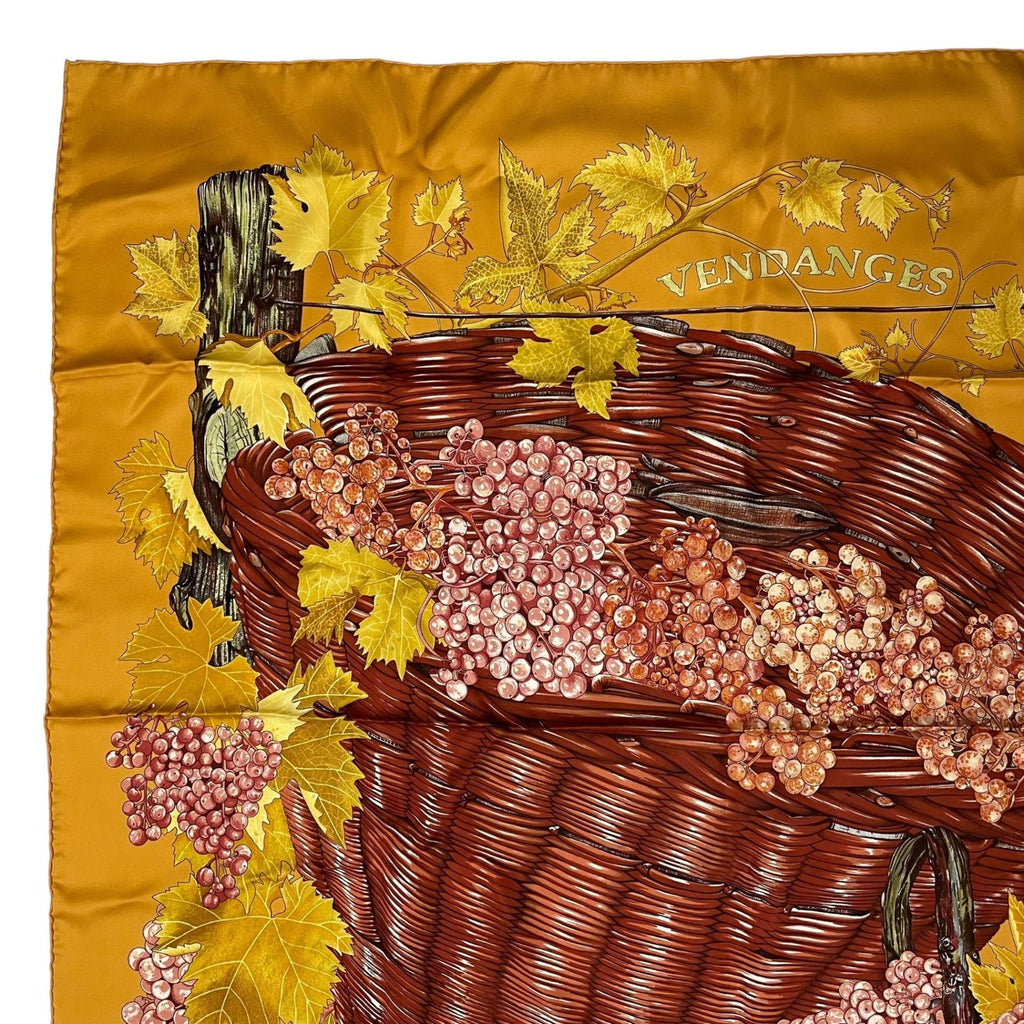 Hermes Scarf Silk Carre 90 Vendanges Grape Harvest Pattern Yellow — view 2