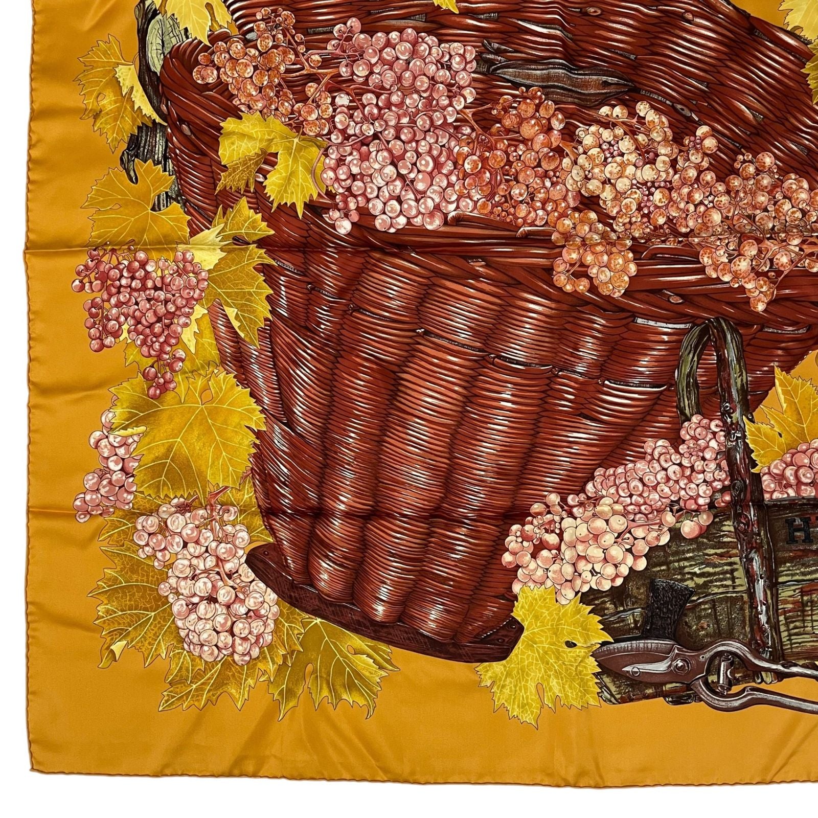 Hermes Scarf Silk Carre 90 Vendanges Grape Harvest Pattern Yellow — view 4