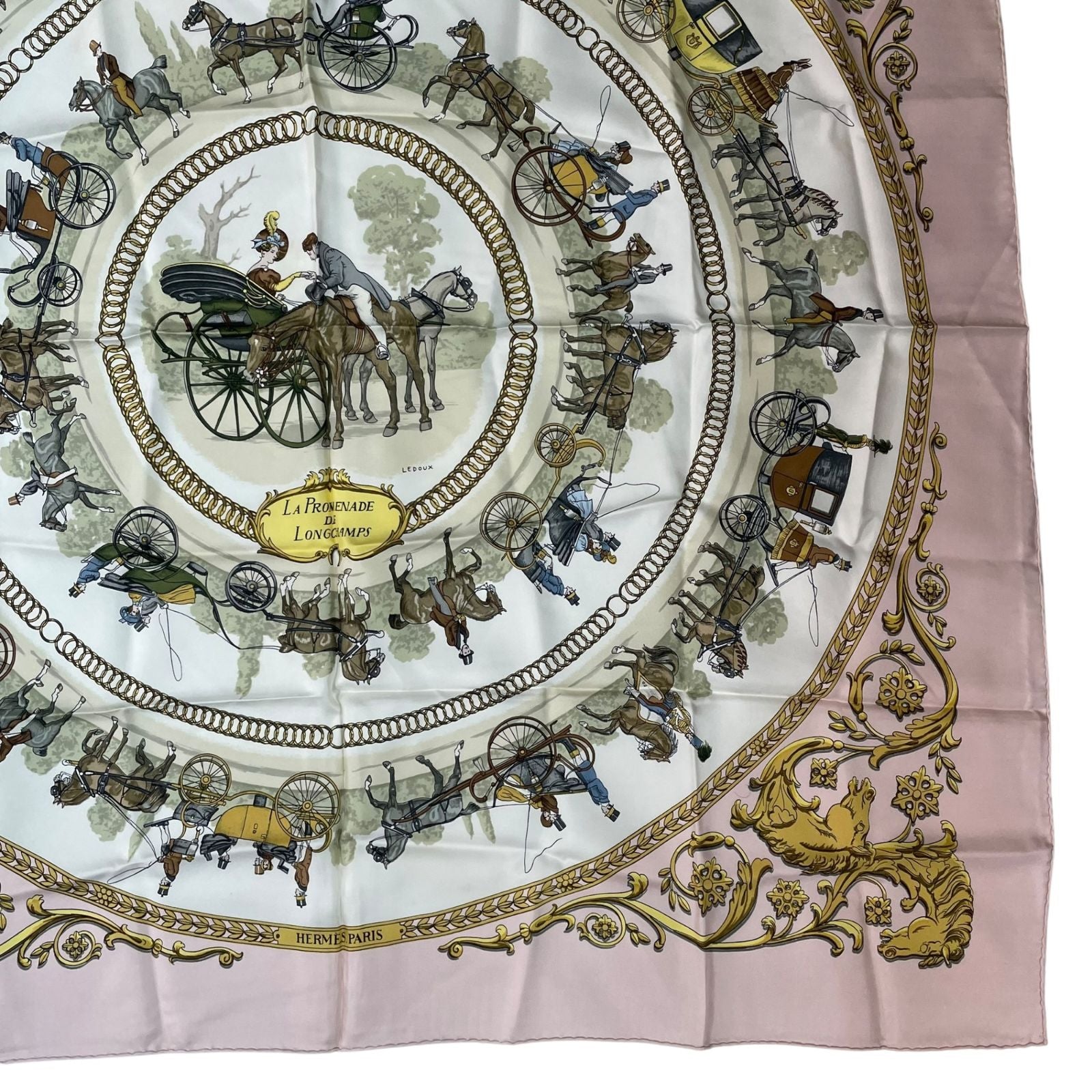 Hermes Scarf Silk Carre 90 la Promenade de Longchamps Walk to Long Chien Pink — view 5