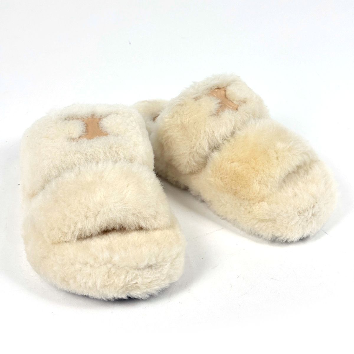 Celine Slide Triomphe Sandals Shearling Shoes Fur Ivory — view 7