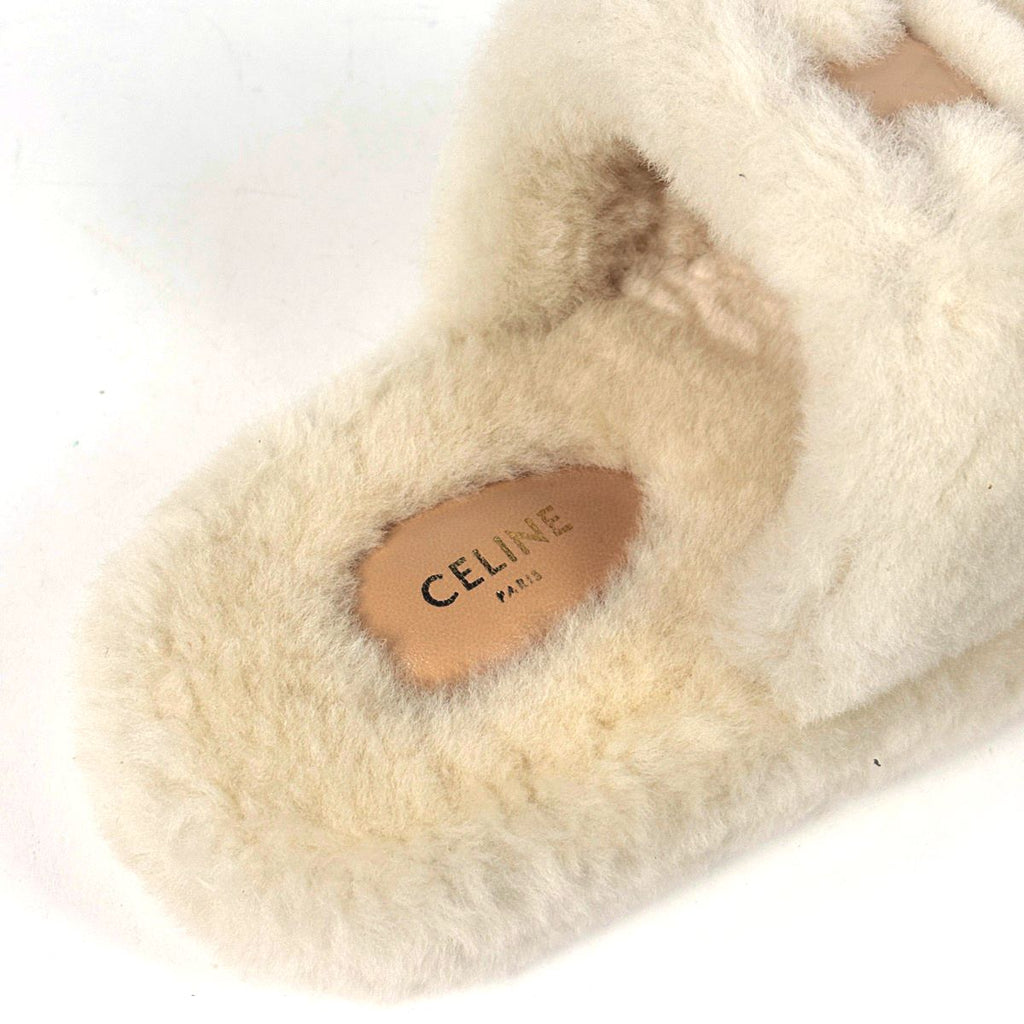 Celine Slide Triomphe Sandals Shearling Shoes Fur Ivory — view 5