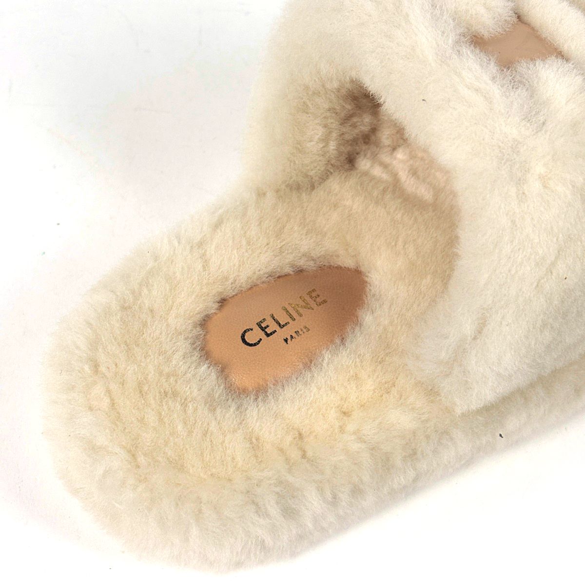 Celine Slide Triomphe Sandals Shearling Shoes Fur Ivory — view 5