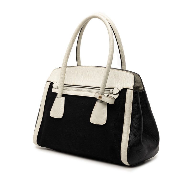 Prada Shoulder Tote Handbag 2-Way Black White Canvas Saffiano Leather — view 2