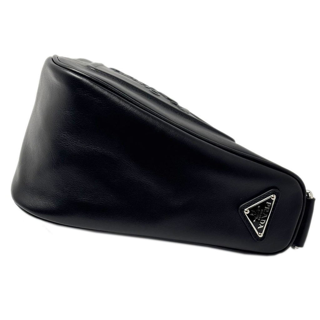 Prada Mini Shoulder Bag Triangle Embossed Logo Black Silver Leather Calfskin — view 5