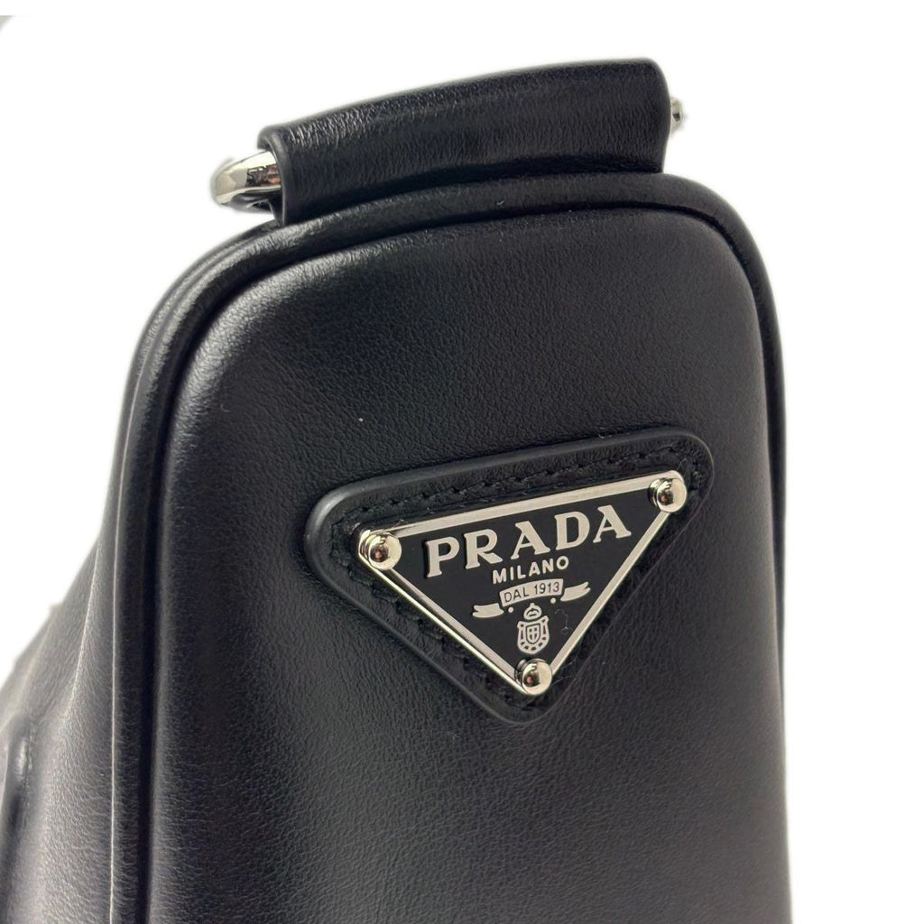 Prada Mini Shoulder Bag Triangle Embossed Logo Black Silver Leather Calfskin — view 6