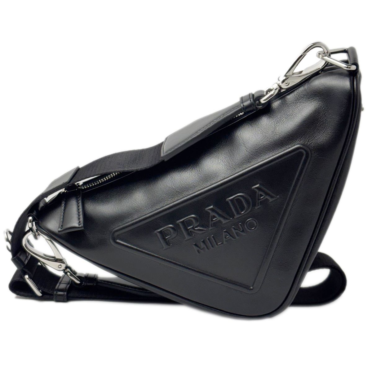 Prada Mini Shoulder Bag Triangle Embossed Logo Black Silver Leather Calfskin — view 2