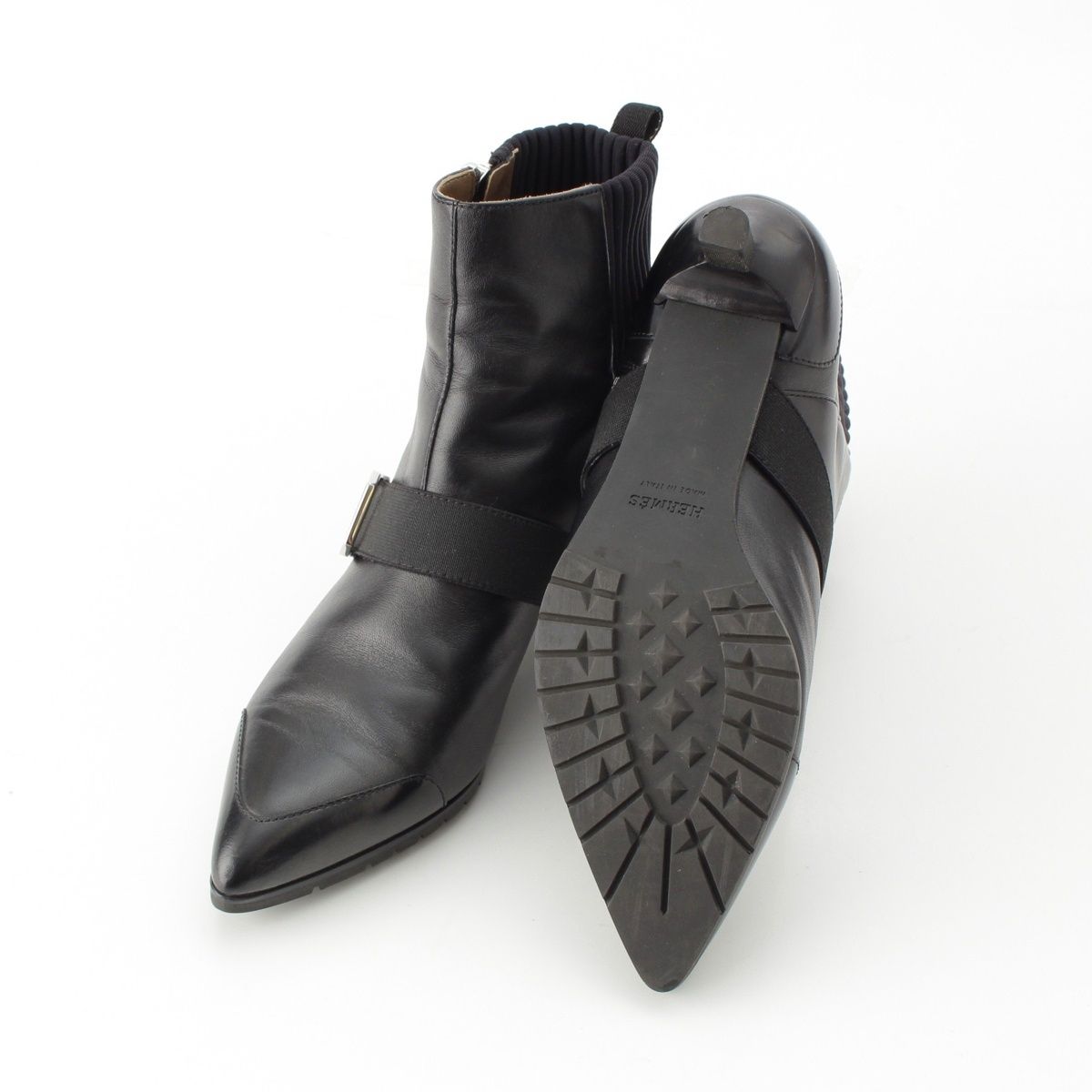 Hermes Leather Belted Knit Contrast Pointed Toe Side Zip Short Boots — view 5