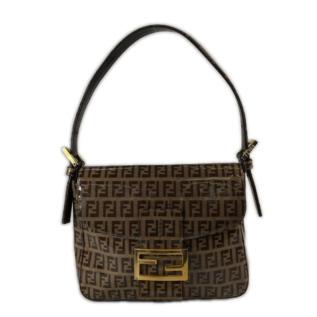 Fendi Zucchino Minimamma Shoulder Bag Patent Brown