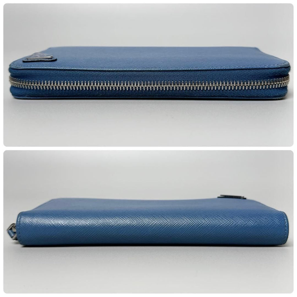 Prada Saffiano Triangle Zip Around Wallet Blue — view 6