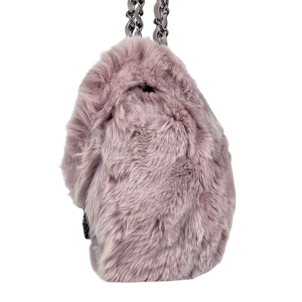 Chanel 2005 Vintage Classic Flap Chain Tweed Rabbit Fur Shoulder Bag Pink — view 4