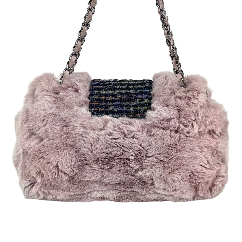 Chanel 2005 Vintage Classic Flap Chain Tweed Rabbit Fur Shoulder Bag Pink — view 3
