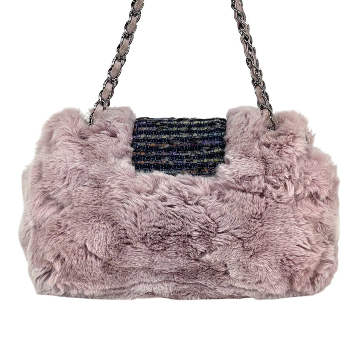 Chanel 2005 Vintage Classic Flap Chain Tweed Rabbit Fur Shoulder Bag Pink — view 3