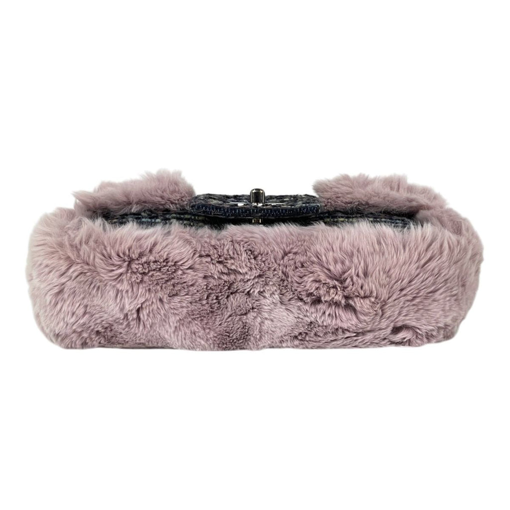 Chanel 2005 Vintage Classic Flap Chain Tweed Rabbit Fur Shoulder Bag Pink — view 6
