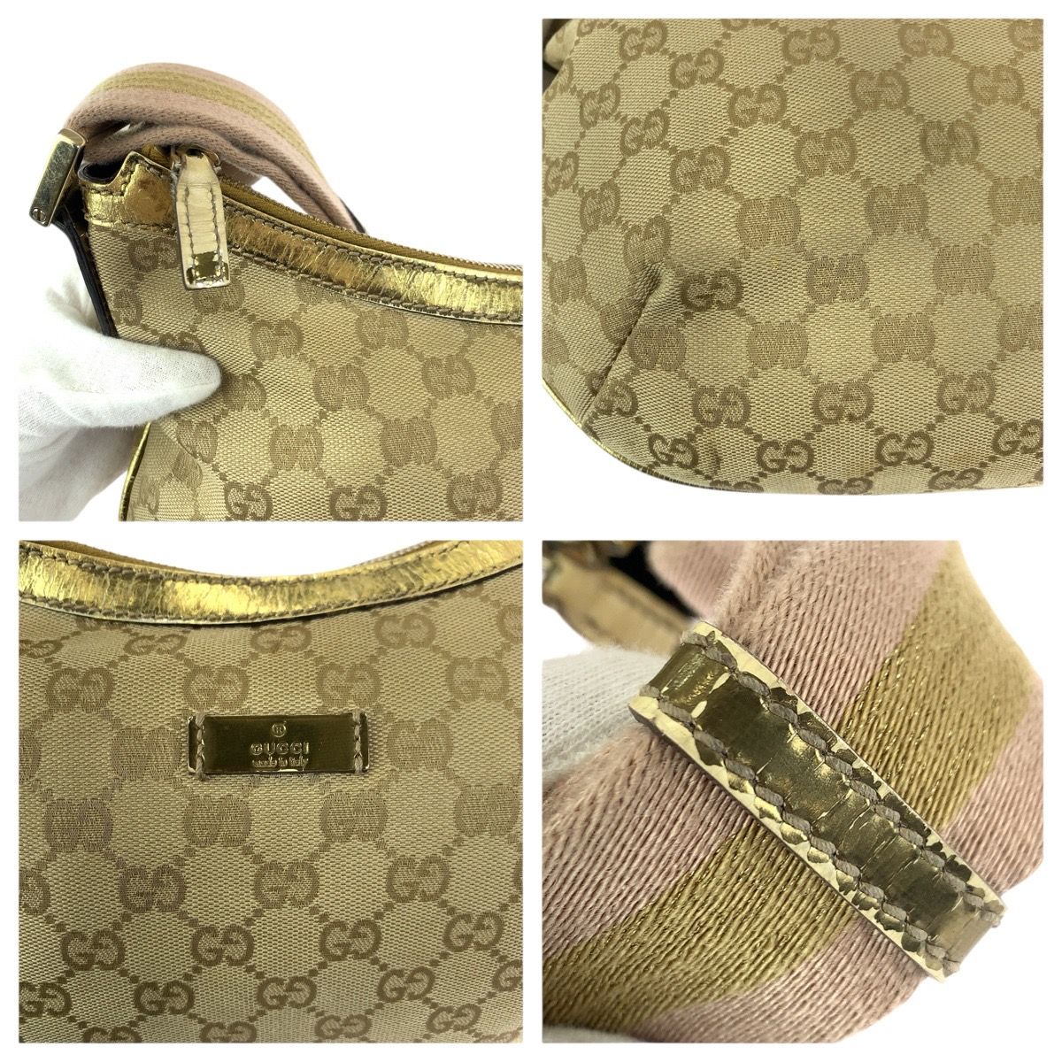 Gucci Beige Pink Gold GG Canvas Patent Shoulder Bag — view 5